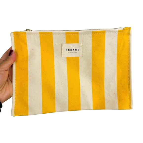 Sezane Canvas Striped Clutch Pouch Zippered Beige Yellow - Picture 1 of 8